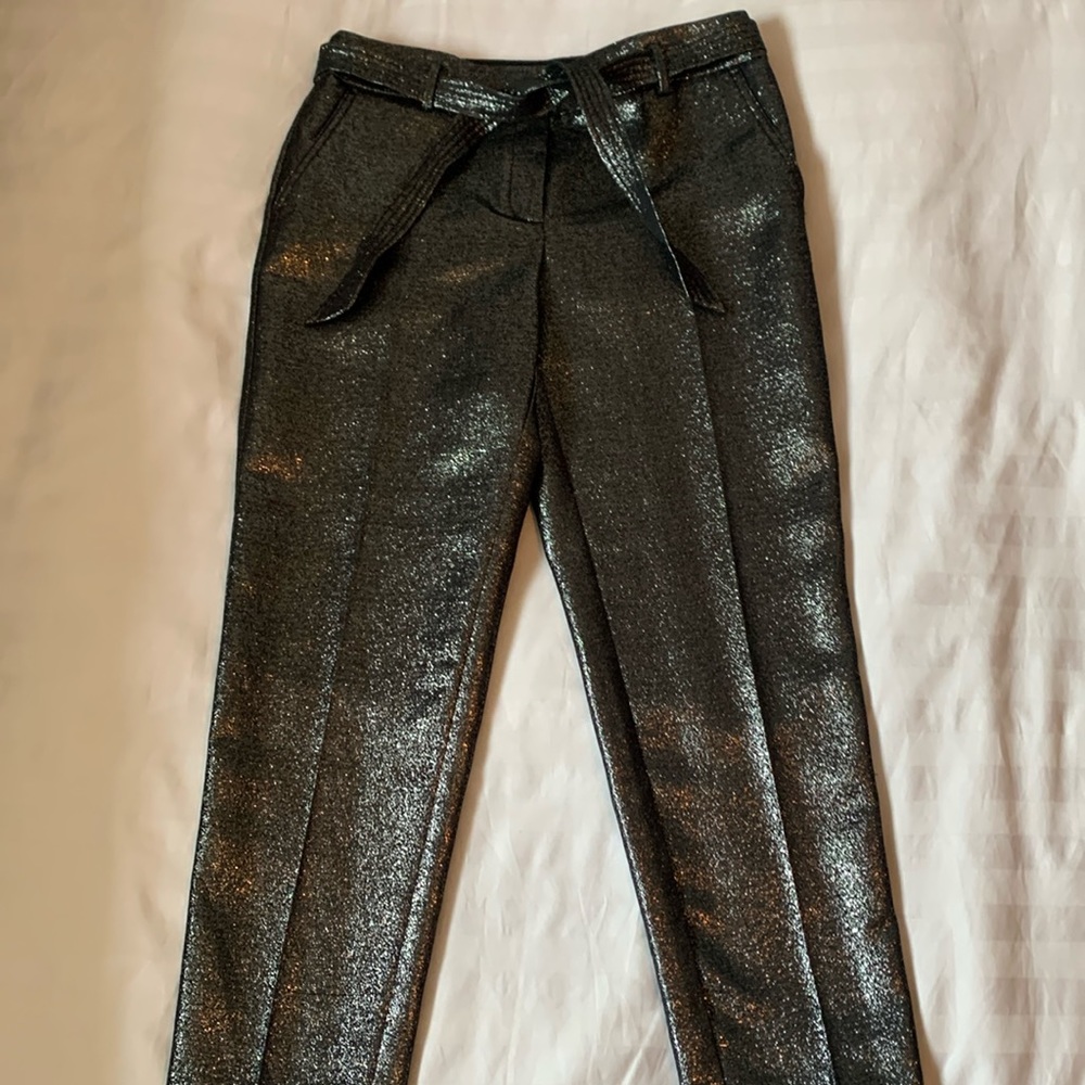 Loft sparkly straight cut cropped party pants with self tie belt NWOT